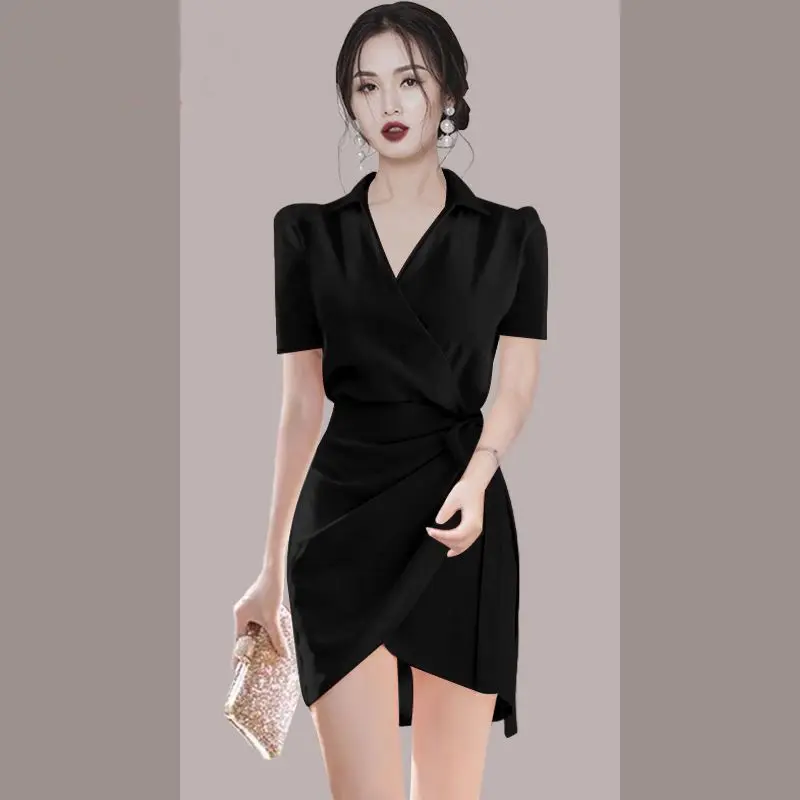 2024 Summer V Neck Shirt Dress for Women Elegant Slim Fit Tie Waist Short Sleeve Office Lady Style Fashionable OL Outfit Trendy