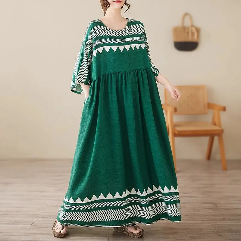 

Large Size French Style Dress Bohemian Vacation Striped Round Neck Short Sleeve Spring-Summer Casual Dress G263