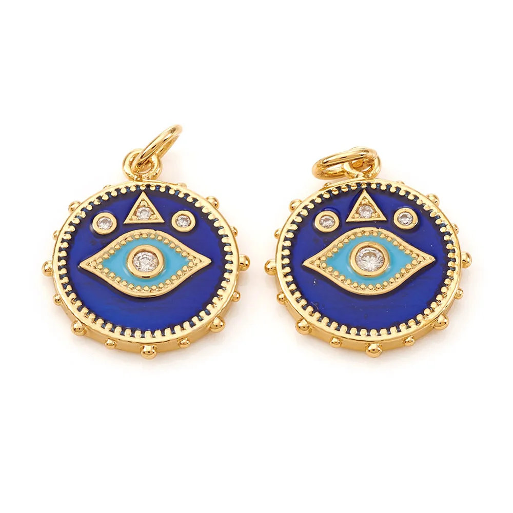 10 pcs Brass Cubic Zirconia Pendant  Flat Round with Evil Eye Blue Gold Plated for Making  Jewelry Necklace Earring Key Chain