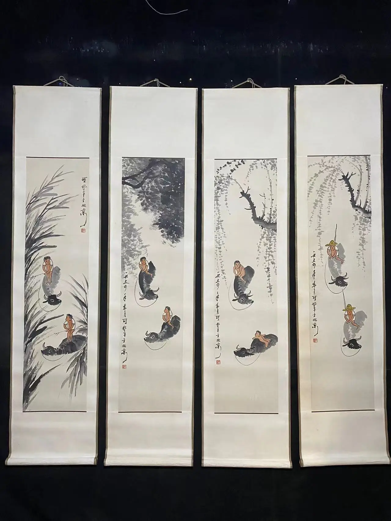 Hand-painted Chinese paintings, Hanging picture of the Qing Dynasty in China, Scroll 4 pies/set,A picture within a picture