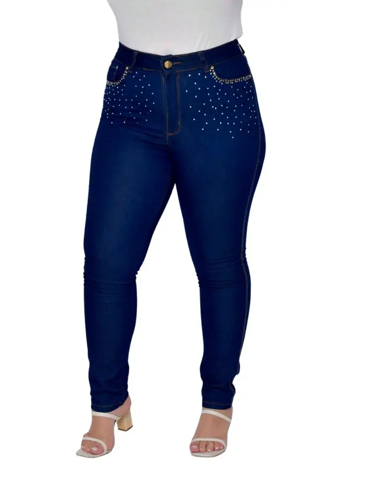 Women's Skinny Dark Jeans and Rhinestone Pockets with Stone