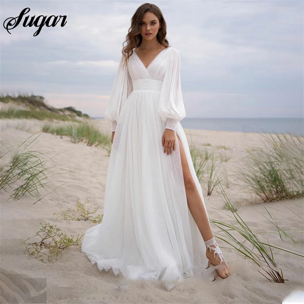 Fee Elfenbein EINE Linie Hochzeit Kleid Lange Puff Sleeve V-ausschnitt Braut Kleid Puff Tulle Side Split Boho Hochzeit Kleider für Braut