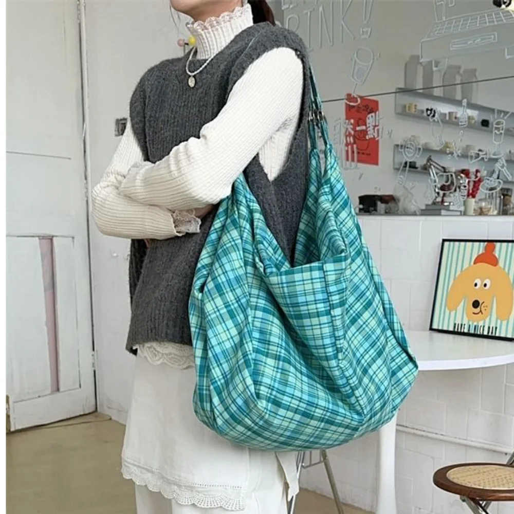 

Trendy Retro Plaid Tote Bag Plaid Colorful Canvas Underarm Bag Dumpling Pleated Non-Adjustable Strap Women's Handbag Commuting