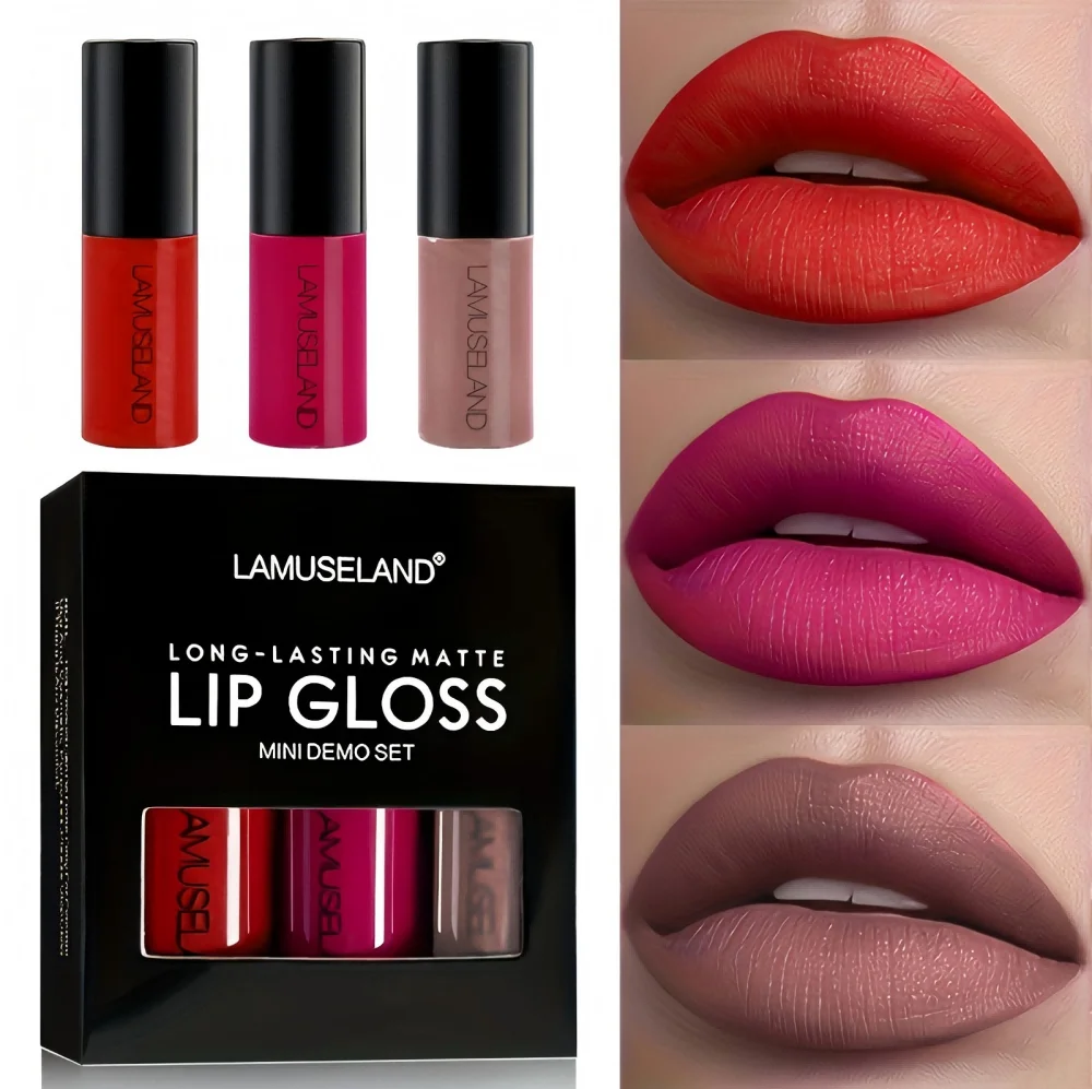 Zestaw 3 błyszczyków do ust, szminki w płynie, matowe, aksamitne, makijaż dla kobiet, długotrwałe, wodoodporne, nieprzywierające do kubka, nieblaknące.