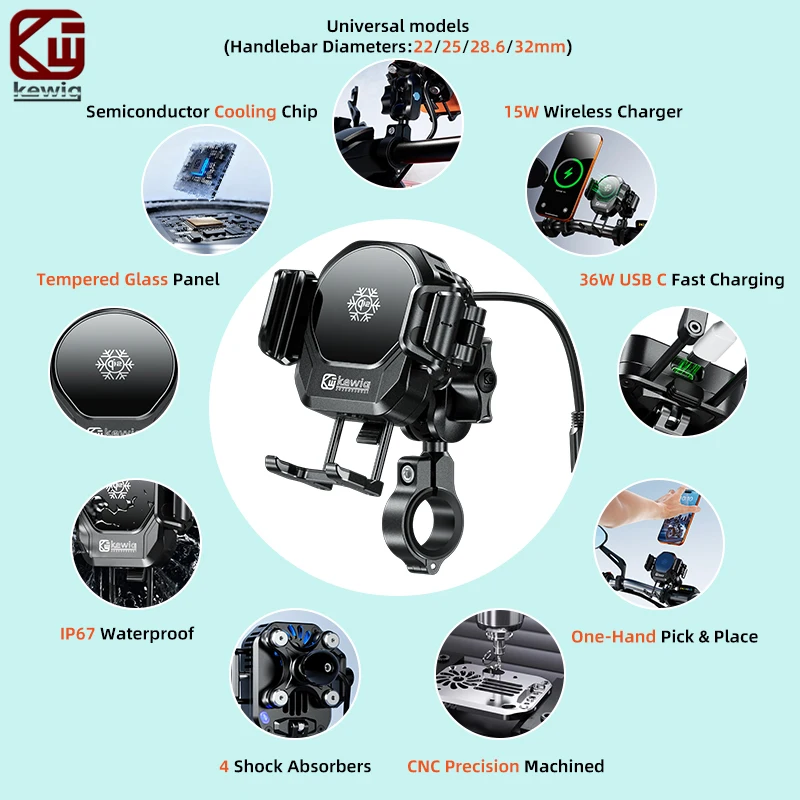 Kewig M33Pro Motorcycle Phone Holder Qi2 15W Wireless Charge 36W USB C Fast Charge Shockproof Built-in Fan Cooling Phone Mount