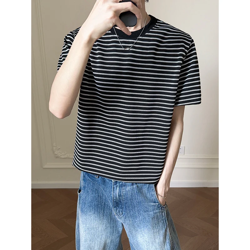 Summer Short Sleeved T-shirt Men Fashion Striped T-shirt Men Korean Loose Casual T Shirt Mens Top