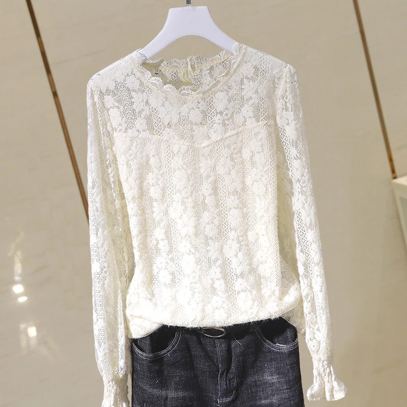 

Spring 2025 Korean Style Lace Shirt Women's Slim Fit Long Sleeve round Neck Base Shirt Fashionable Small Shirt Casual Commute...
