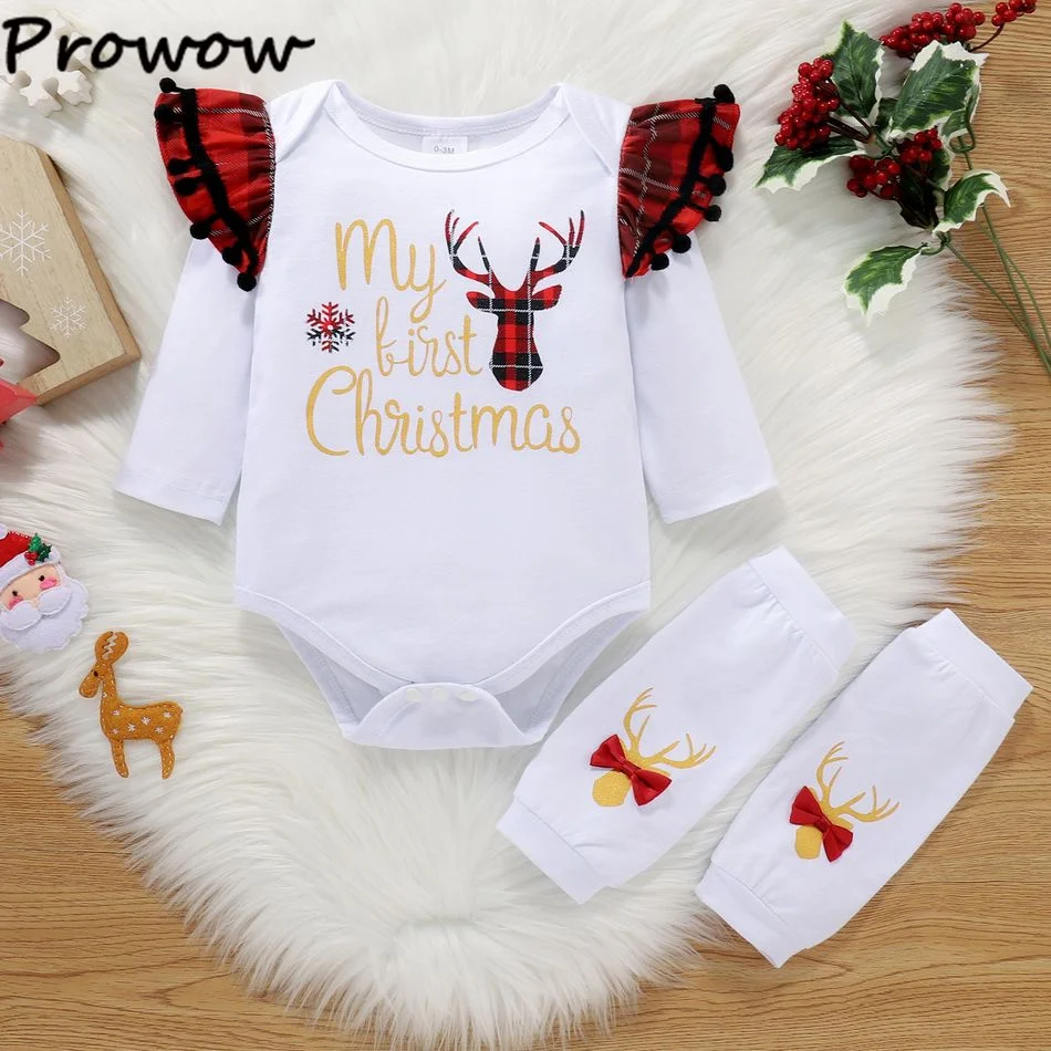 My First Christmas Baby Girl Outfits Tassel Sleeve Romper and Plaid Bodysuit Dress+Knee Pads Newborn Infants Christmas Clothes