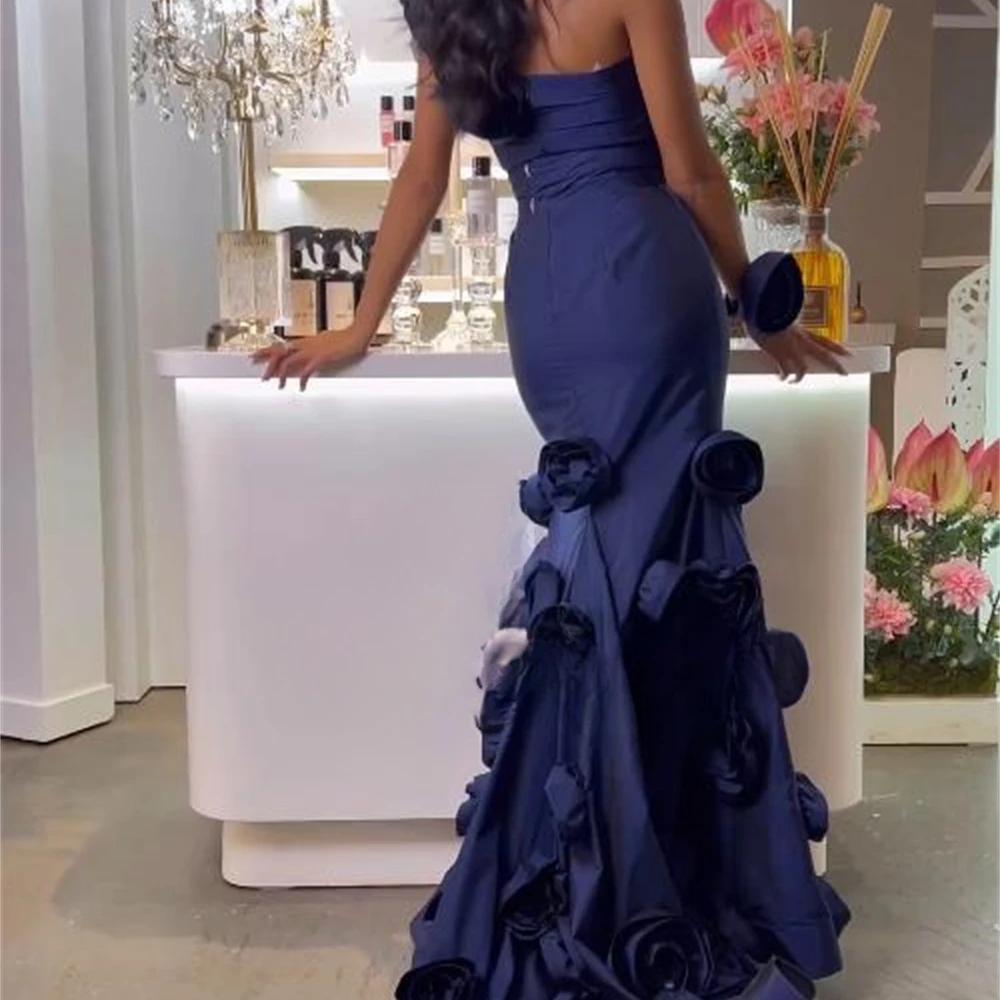 Blue Rose Flower Mermaid Women Formal Evening Dress High Quality One-shoulder Prom Gown Dresses Floor Length Flower Elegant