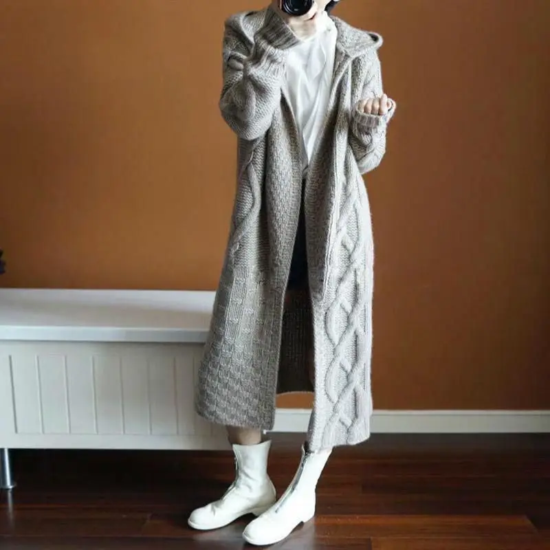 

Autumn Winter New Women Sweater Hooded Knitted Coats Solid Color Jacquard Long Sleeve Midi Loose Fashion Aesthetic Cardigans