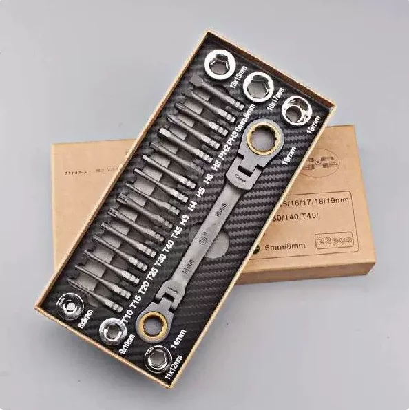 23PCS Ratchet Spanner Set Flexible Double Box Wrench with Bits Auto Repair Tool