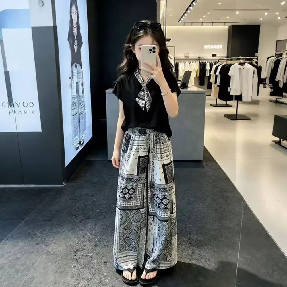 Girls Summer Outfit New Children's Fashion Short Sleeve T-shirt Wide Leg Pants Casual Two-piece Set 5 7 9 11 13 15 Years