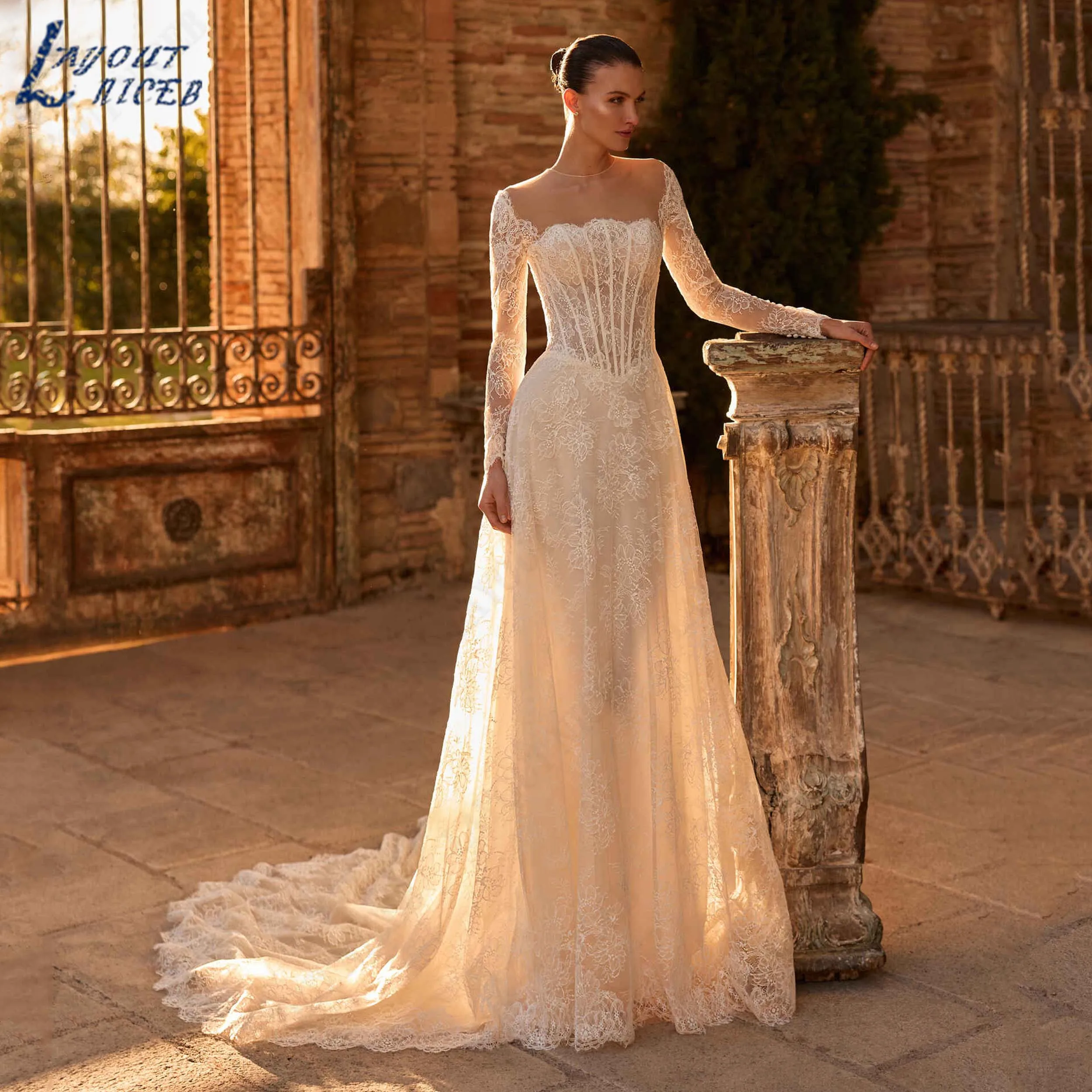 LAYOUT NICEB Custom Made O-Neck Long Sleeve Bridal Gown Lace Illusion Wedding Dress A-Line Basque Bride Gowns Minimalist