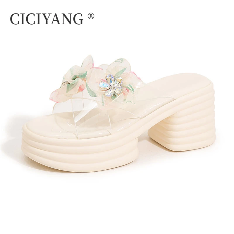 

CICIYANG Chunky Platform Slippers Women 2025 Summer New Thick-soled Ladies High Heel Transparent Flower Sandals Fashion Slippers