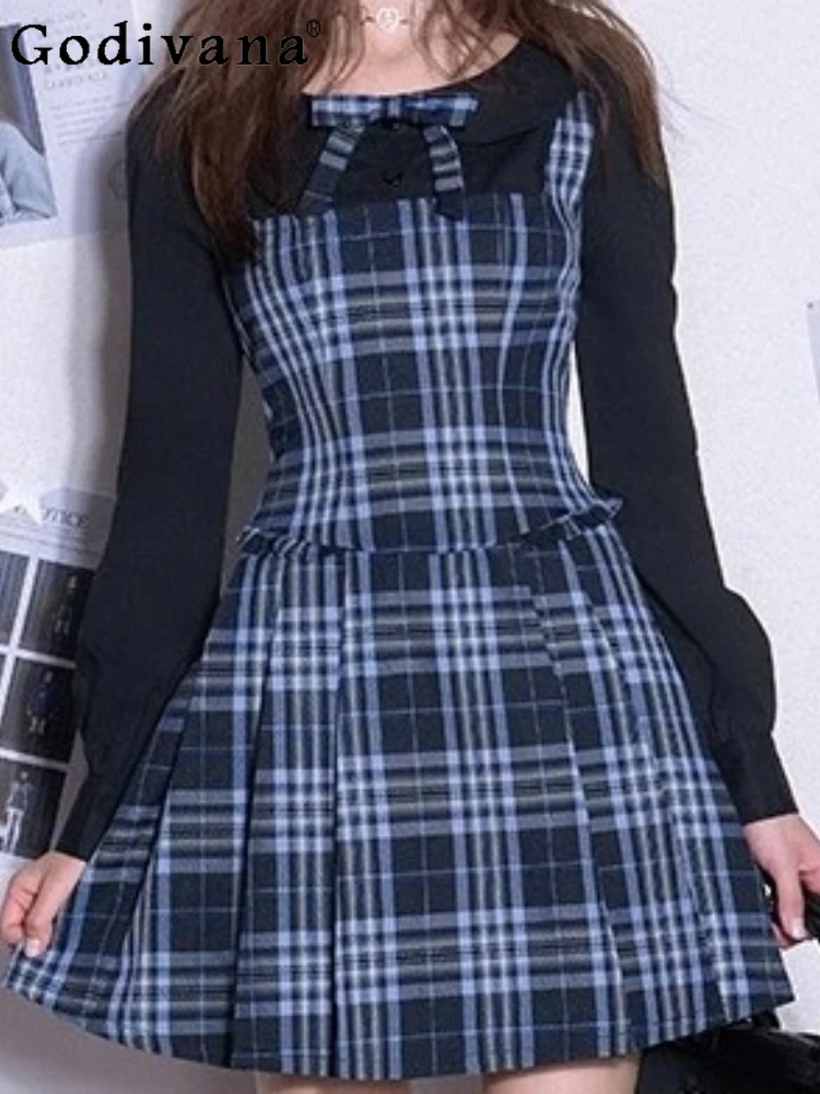 

Elegant Blue Black Plaid College Sweet Fake Two-piece Dress Autumn New Cute Peter Pan Collar Plaid High Waist Dresses Women