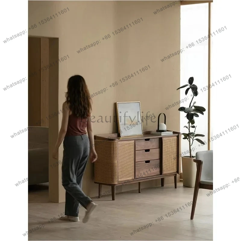 Medieval rattan cabinet living room against the wall storage wall storage cabinet solid wood edge cabinet household