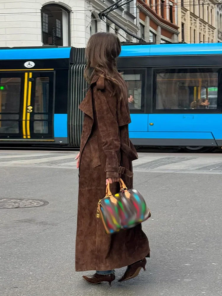 

Винтажные замшевые длинные куртки, женские свободные двубортные куртки с лацканами, пальто, женские пальто 2021, осенне-зимняя модная однотонная толстая верхняя одежда