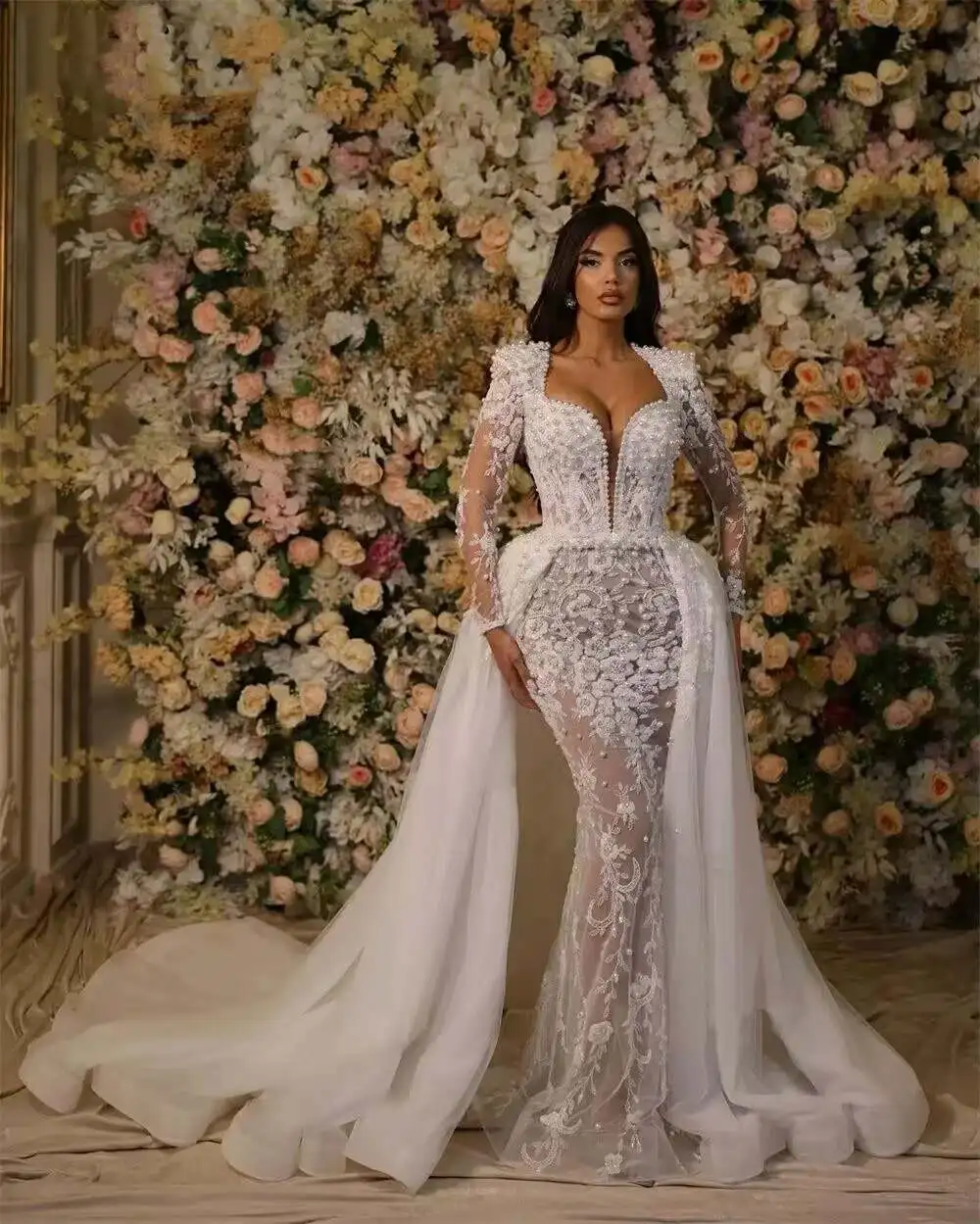 تخصيص ساحة الرقبة سباركلي يزين اللؤلؤ فستان الزفاف الفاخر Vestidos Noivas كم كامل انفصال قطار فستان زفاف #3