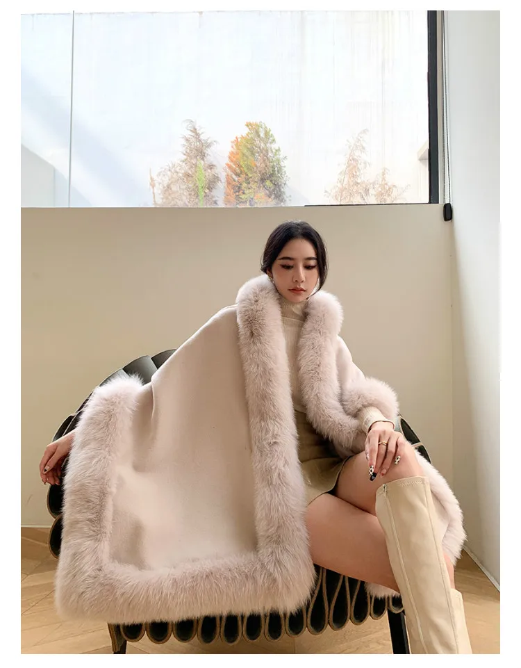 الفاخرة النساء الخريف الدافئة 100% شال صوف مع حقيقية الثعلب الفراء تقليم الشتاء طويل الباشمينا سميكة المعطف يلتف Fashoin الرأس #5