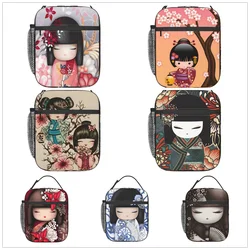 Bolsa de almuerzo roja Sakura Kokeshi para hombre y mujer, bolsa de almacenamiento bento aislada, gruesa, divertida, para oficina, estudiante