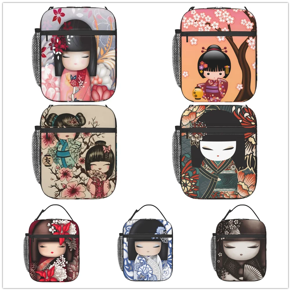 Red Sakura Kokeshi Doll lunch bag Female Male Office Student bento Storage Insulated bag Fun thickened insulated bento bag