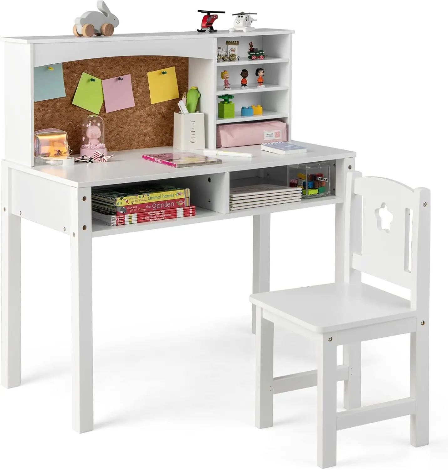 Kids Desk and Chair Set, Wooden Study Desk with Storage, Hutch, Bulletin Board, Ideal for Study Room, Bedroom, School, White