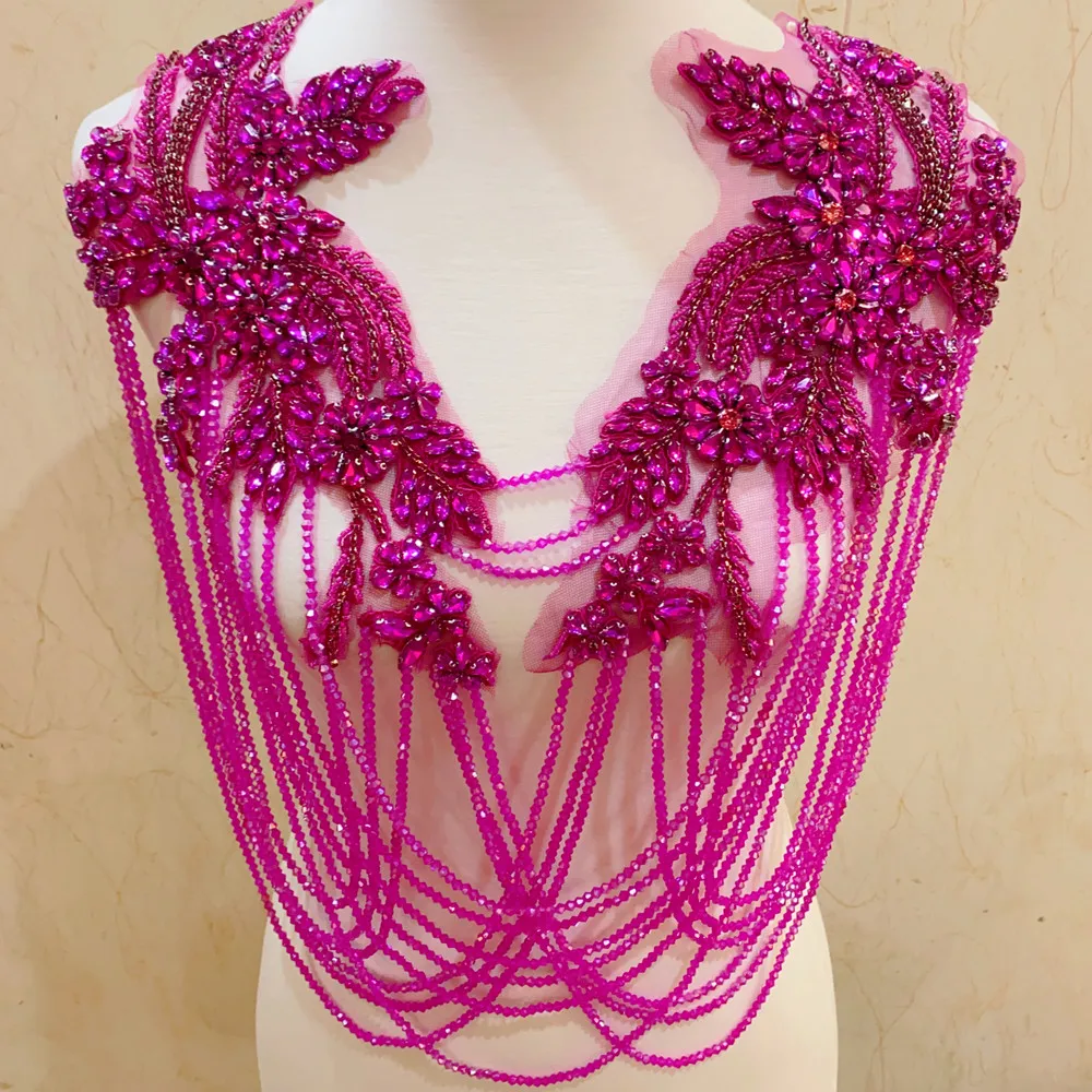 

New front crystal Tassels wedding collar with rhinestone beaded tassels appliques neckline for clothes DIY