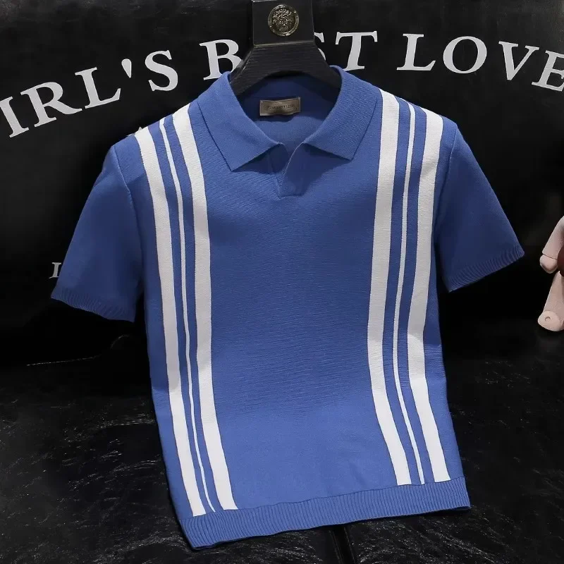 Pop Summer New Fashion Striped Polo Shirts Casual Trendy Short Sleeve Business Turn-down Collar T-shirts Male Slim Clothes Tops
