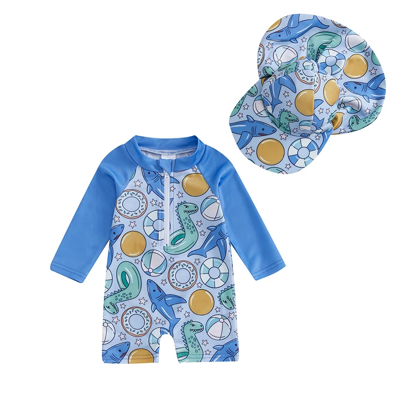 Toddler Boys Girls Rash Guard Swimsuit Playsuits Shark Shell Print Zipper Long Sleeve Sun Protection Bathing Suit with Swim Cap