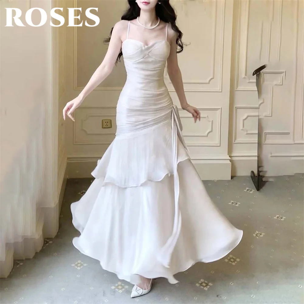 

ROSES White Elegant Stain Prom Dress Spaghetti Strap Formal Gown Trumpet Sweetheart Tiered Party Dresses for Woman Customized