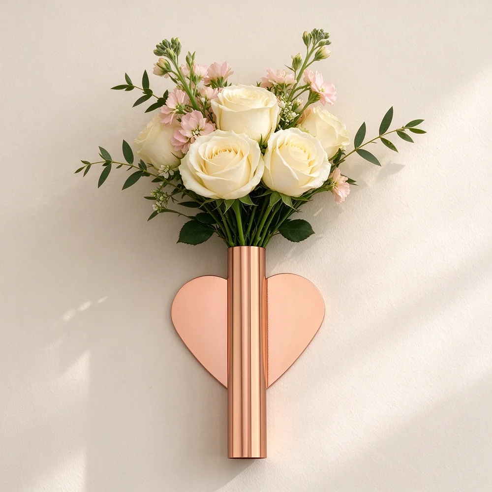 Heart Shape Wall Mounted Metal Vase Single Tube Wall Hanging Flower Vase Minimalist Home Decor Wall Art for Living Room Bedroom