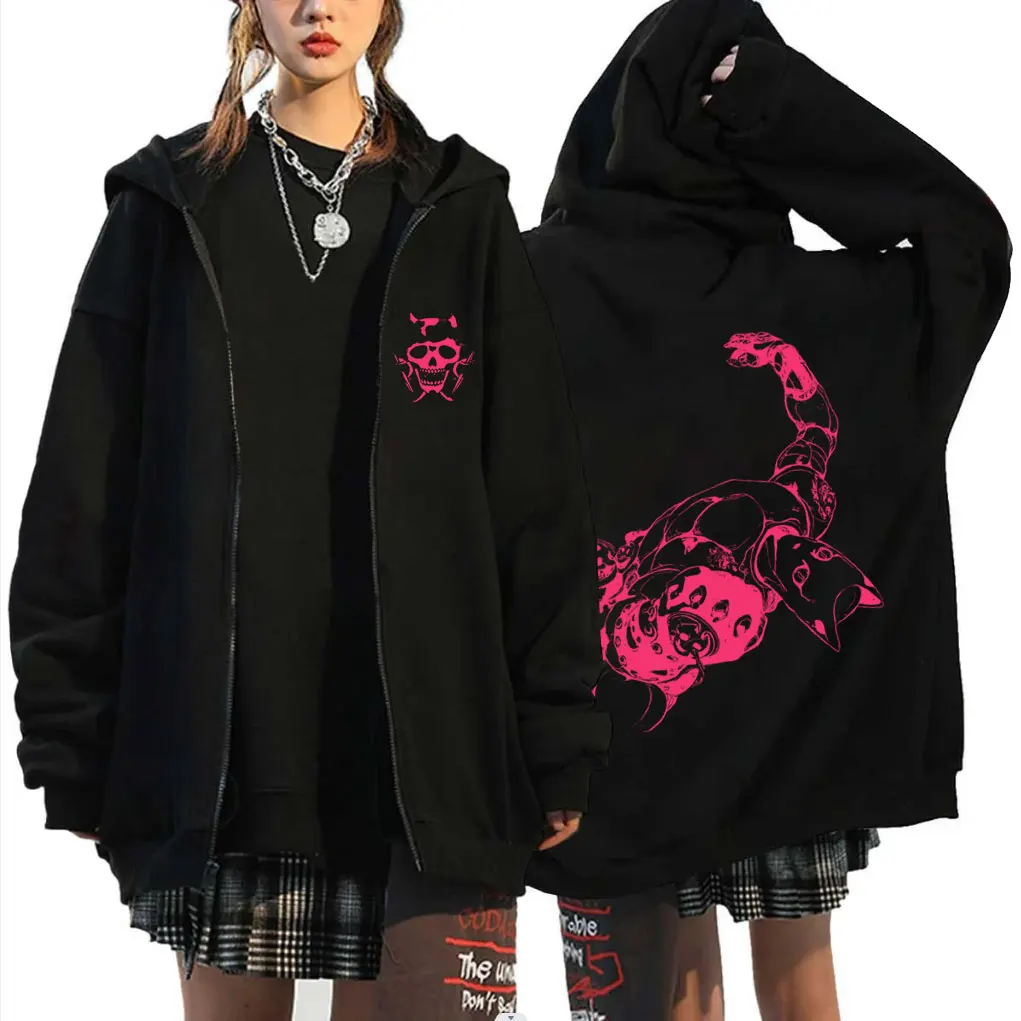 Anime Jojo Bizarre Adventure Zipper Hoodie Manga Killer Queen Zip Up Jacket Men Women Fleece Casual Oversized Zip Up Sweatshirt