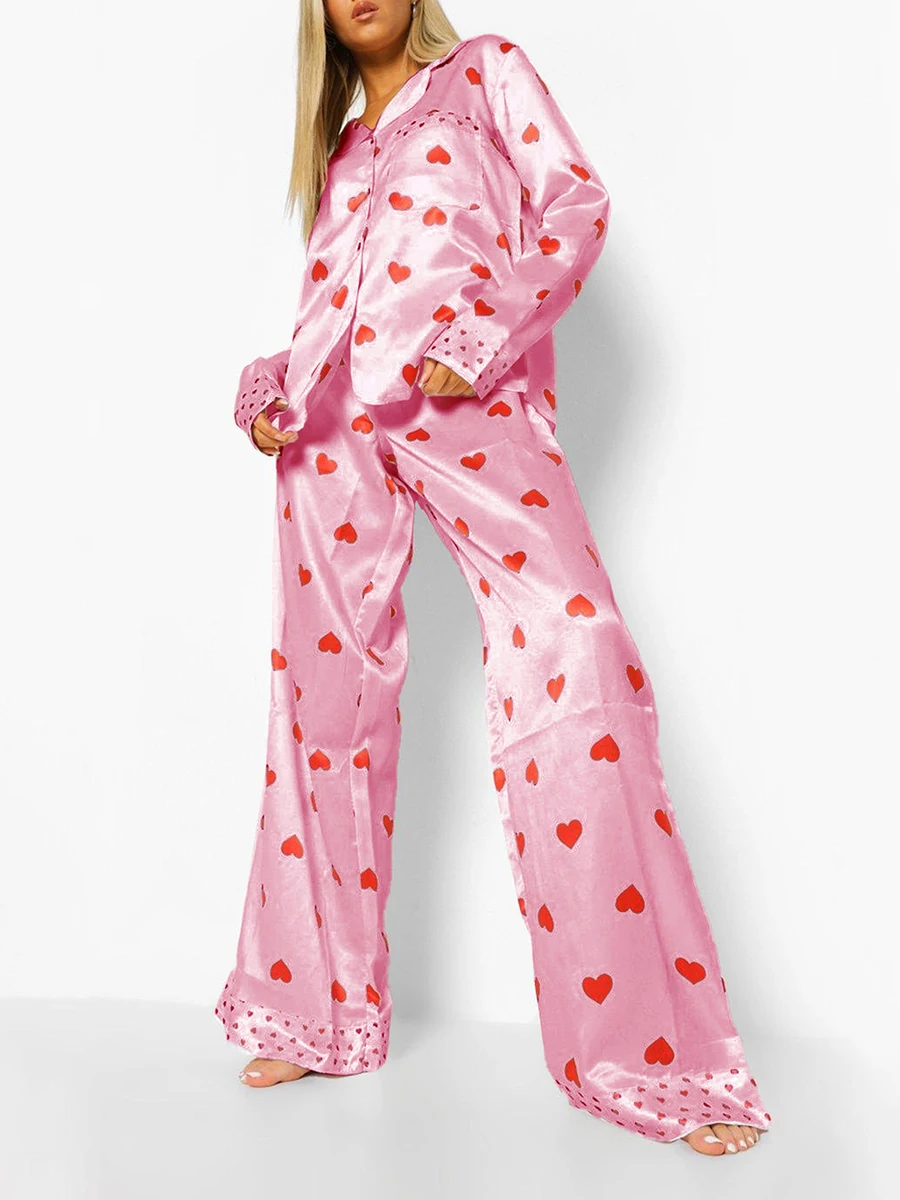 Niedliches Pyjama-Set mit Herz-Print für Damen, langärmelig, Nachtwäsche, Satin, weiche Loungewear, zweiteiliges Pyjama-Lounge-Set mit Knopfleiste