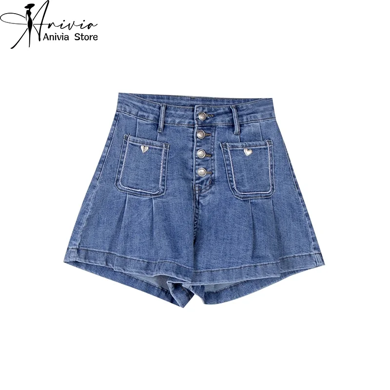 

2024 Women's Spring/Summer Retro Strap Jeans High Waist Blue Y2K Fashion Street Clothing Button Design Wide Leg Baggy Shorts