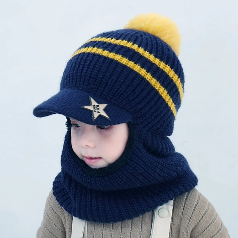 Hooded Hat Toddler Knitted Kid Hat Hood Skull Caps Winter Hat Fleece Lining