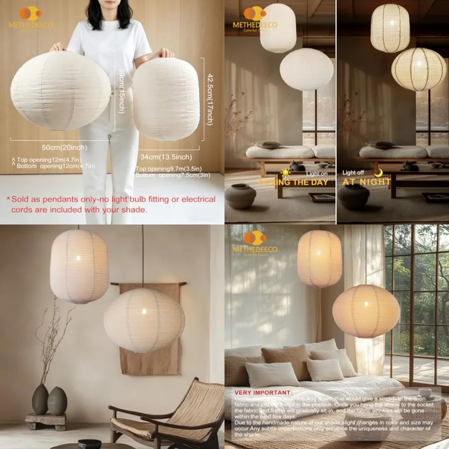 

2-Piece Hanging Lamp Shade Set, 1 Oval 20x15 in + 1 Cylinder 13.5x17 in, Faux Linen Fabric Pendant Light Shades, Foldable Minim