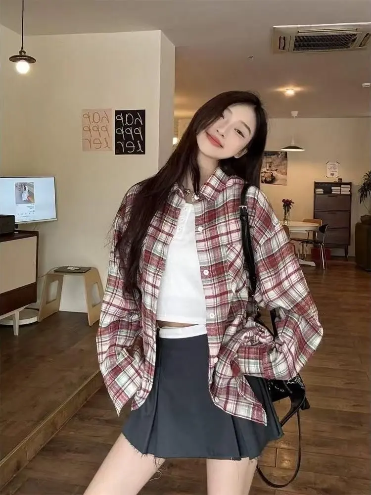 

Retro Distred Plaid Long Sve irt Women Winter Loose Casual Sle Korean Version Polyester Fabric UV Protection