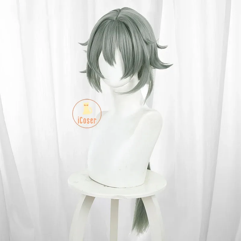 Zenless ゾーンゼロシーザーキングコスプレウィッググレーグリーンポニーテールカレドンの息子アクセサリーハロウィンパーティー女性のための小道具 iCoser