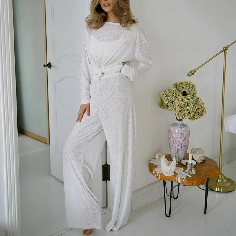 Summer Fashion Knitted White Round Neck Long-sleeved Pajamas Trousers Set Foreign Trade Soft Skin-friendly Loungewear Women