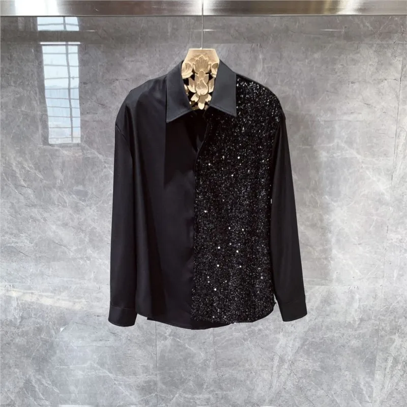 New Men's Shirt Spring  Autumn Star glitter Long Sleeved Shirt Men Nightclub Casual Social Party wear Male Patchwork Shirts