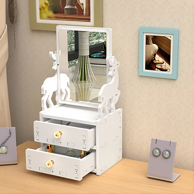 Rotate Cute Rabbit Makeup Mirror With Drawer Desktop Cosmetic Storage Box Organizer Multifunction Rack Single Side Mirror