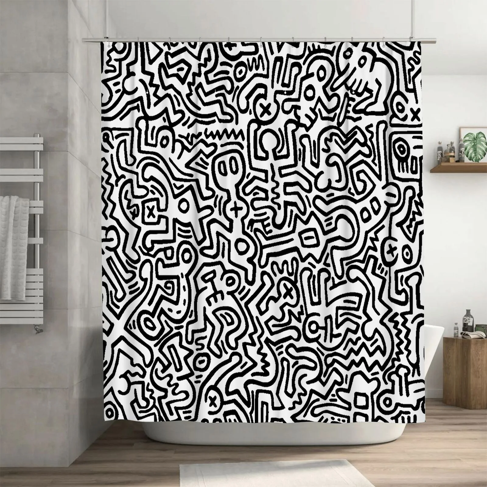 Elegant Black White Graffiti Waterproof Mildewproof Bathroom Curtain Decor Suitable for Wet and Dry Separation Elevate Space