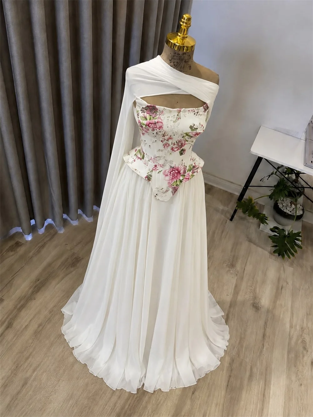 Amanda Customizd One‑shoulder Floral Print Chiffon Evening dress Prom dress Peplum Corset A‑line Romantic Delicate Women's dress