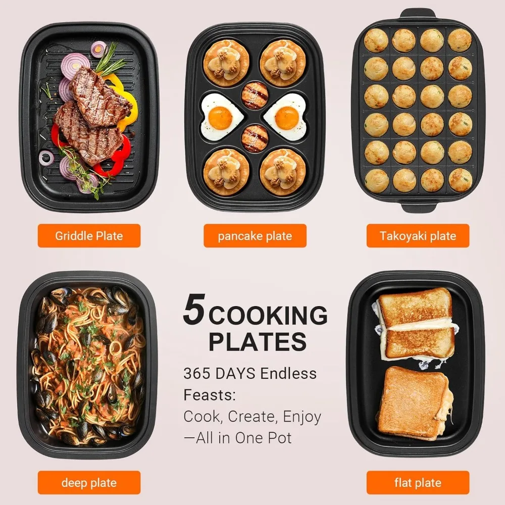 Panggangan listrik, 120V,1200W, dengan 5 piring antilengket yang dapat dilepas, tutup untuk memanggang, HotPot, makanan penutup, tumis, Set pemanggang dalam ruangan BBQ