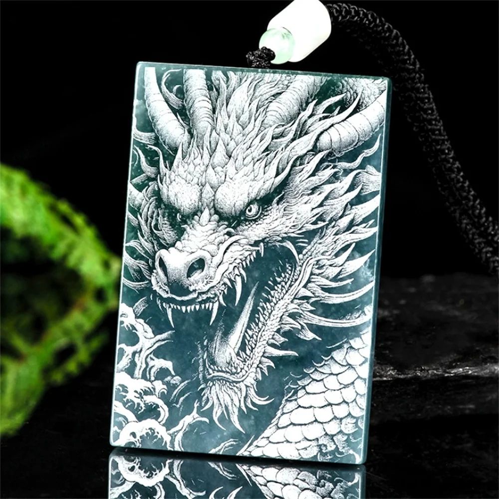 Natural Green Jadeite Special Carved Chinese Dragon Square Pendant Amulet Necklace Certificate Luxury Jade Trendy Jewelry Gift