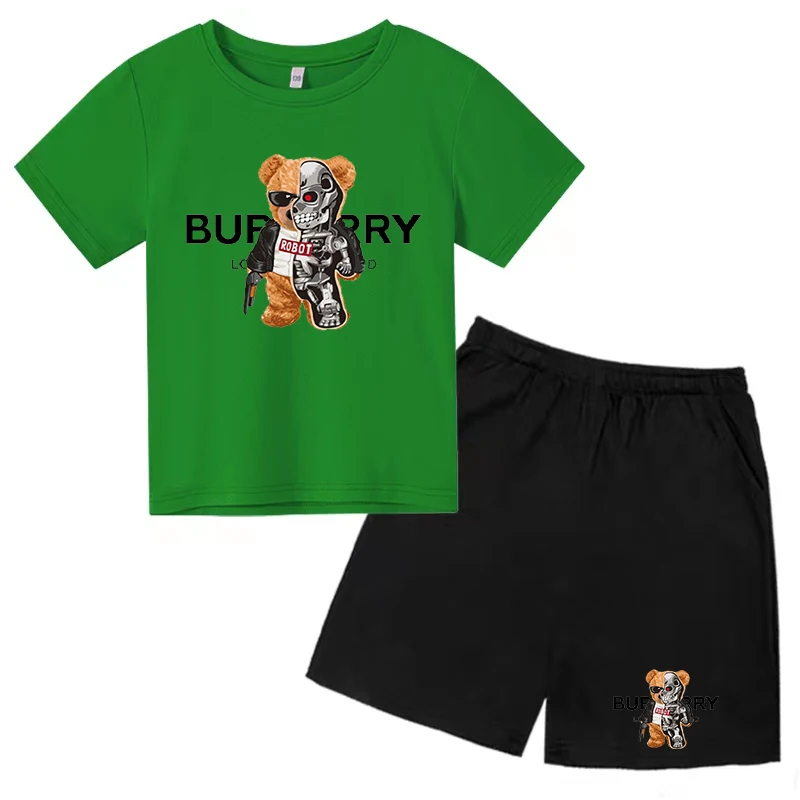 Children's Bear Print T-shirt 3-12Y Boys Girls Preschool Birthday Gift Top + Shorts 2P Brand Sports Jogging Charming Casual Se