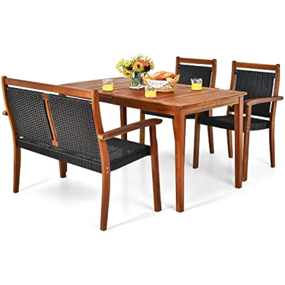 4 Pieces Patio Dining Set for 4,  Space-Saving Outdoor Acacia Wood Dining Table and PE Rattan Chairs Set with 1.9” Umbrella Hole