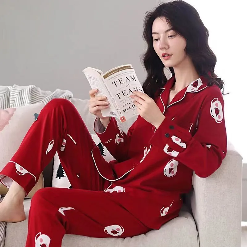 

2024 New Pure Cotton Pajamas Women Spring Autumn Sleepwear Long Sleeved Cardigans Loungewear Loose Fitting V-neck Homewear Set