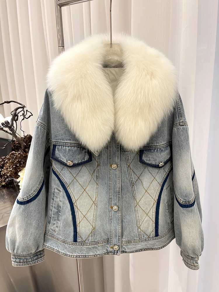 New Women's Winter Denim Jacket Real Natural Fox Fur Collar Coats Goose Down Jacket Luxury Female Outwear Free Shipping