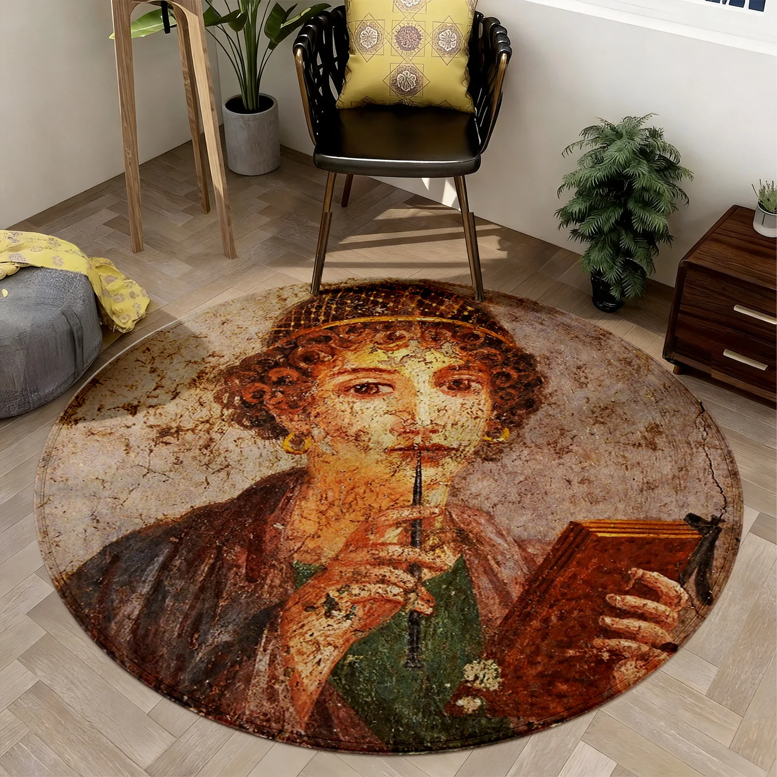 A Round Vintage Art Portrait Area Rug Tapestry Bohemian Living Room Floor Decor Mat Classical Style Artistic Home Accent Rug